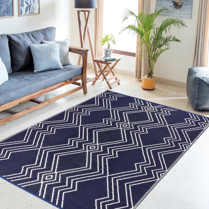 KIAH Navy Blue Plastic Outdoor Mat | Reversible Waterproof Patio Rug | UV Resistant Foldable Camping, Balcony, Garden, Beach & Picnic Mat