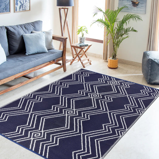 KIAH Navy Blue Plastic Outdoor Mat | Reversible Waterproof Patio Rug | UV Resistant Foldable Camping, Balcony, Garden, Beach & Picnic Mat