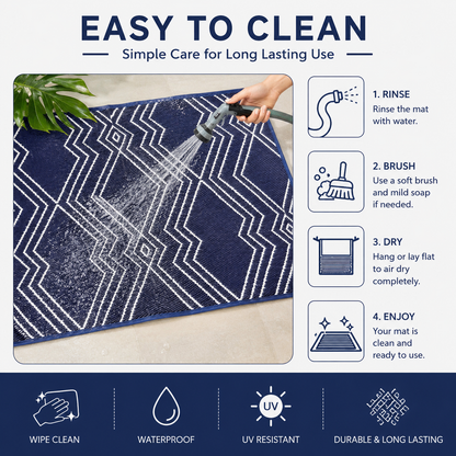 KIAH Navy Blue Plastic Outdoor Mat | Reversible Waterproof Patio Rug | UV Resistant Foldable Camping, Balcony, Garden, Beach & Picnic Mat
