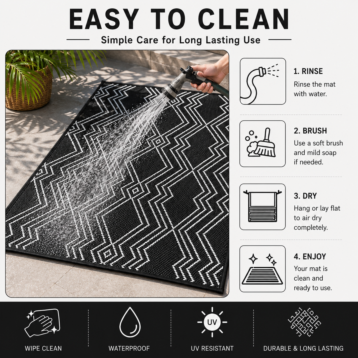 KIAH Premium Black Plastic Outdoor Mat | Reversible Waterproof Rug | UV Protected | Lightweight Foldable Camping, Patio, Balcony, Garden, Beach & RV Mat | Easy to Clean