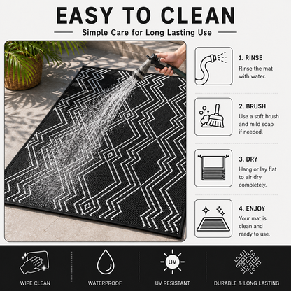 KIAH Premium Black Plastic Outdoor Mat | Reversible Waterproof Rug | UV Protected | Lightweight Foldable Camping, Patio, Balcony, Garden, Beach & RV Mat | Easy to Clean