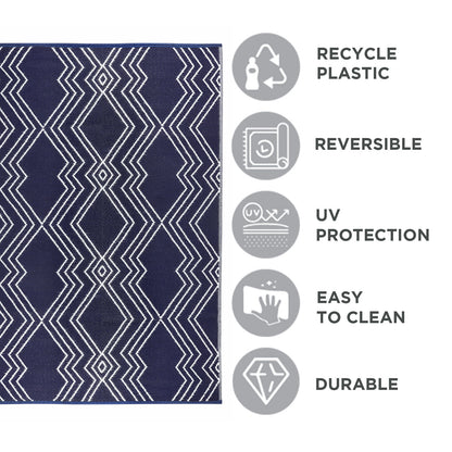 KIAH Navy Blue Plastic Outdoor Mat | Reversible Waterproof Patio Rug | UV Resistant Foldable Camping, Balcony, Garden, Beach & Picnic Mat